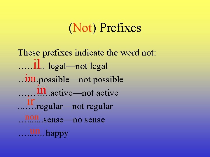 (Not) Prefixes These prefixes indicate the word not: il legal—not legal ……… im …….
