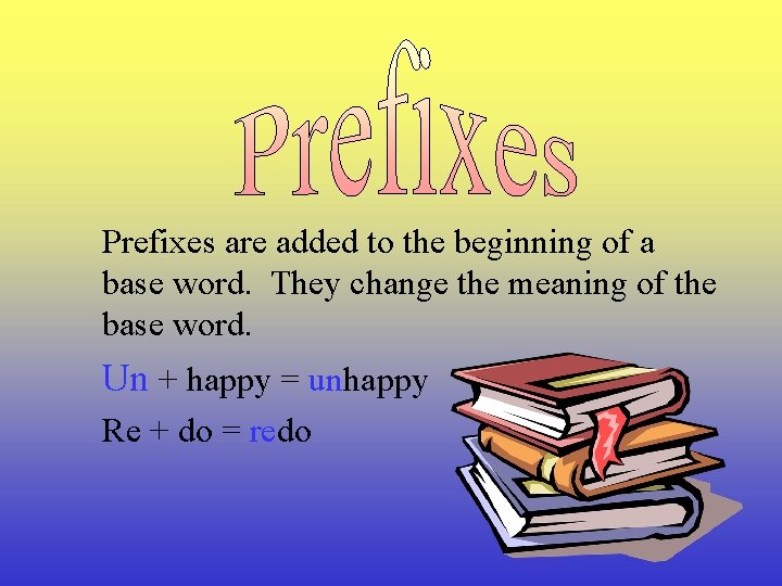 Prefixes are added to the beginning of a base word. They change the meaning