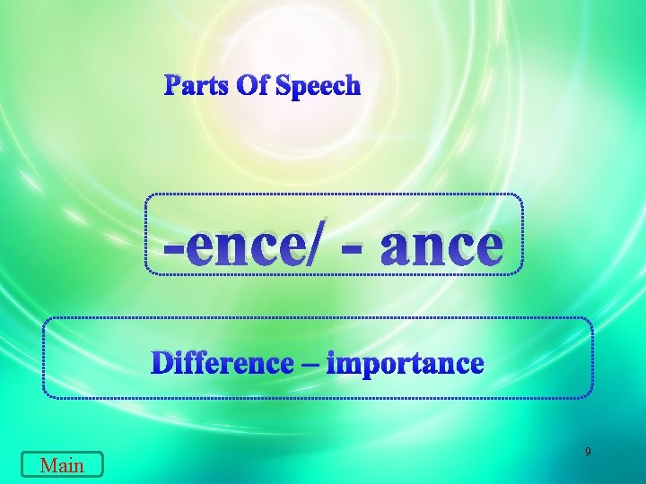 Parts Of Speech -ence/ - ance Difference – importance Main 9 