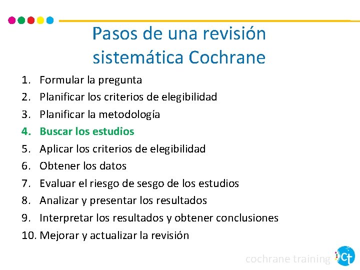 Pasos de una revisión sistemática Cochrane 1. Formular la pregunta 2. Planificar los criterios