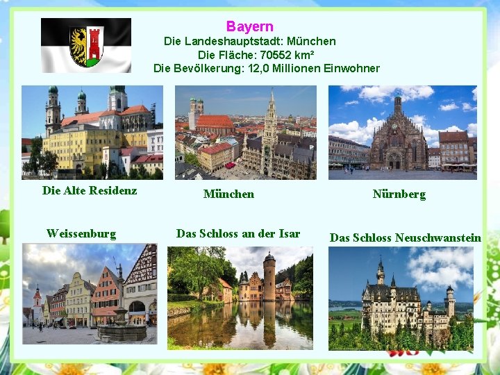 Bayern Die Landeshauptstadt: München Die Fläche: 70552 km² Die Bevölkerung: 12, 0 Millionen Einwohner