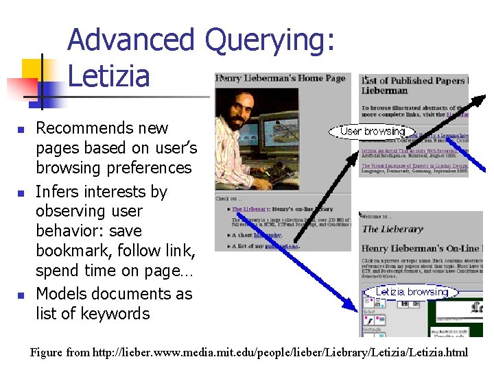 Advanced Querying: Letizia n n n Recommends new pages based on user’s browsing preferences