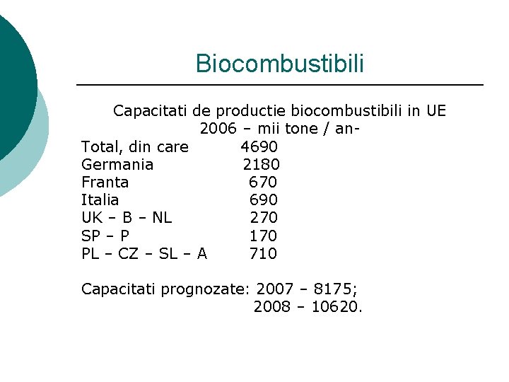 Biocombustibili Capacitati de productie biocombustibili in UE 2006 – mii tone / an. Total,