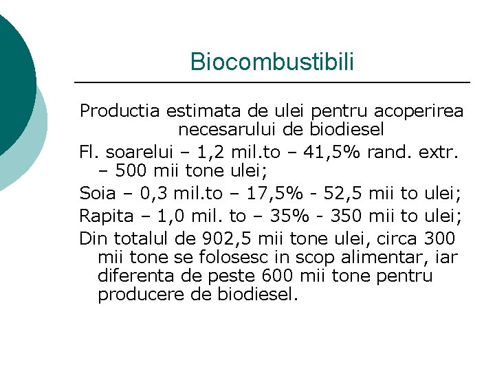 Biocombustibili Productia estimata de ulei pentru acoperirea necesarului de biodiesel Fl. soarelui – 1,