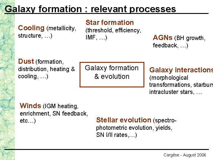 Galaxy formation : relevant processes Cooling (metallicity, structure, …) Star formation (threshold, efficiency, IMF,