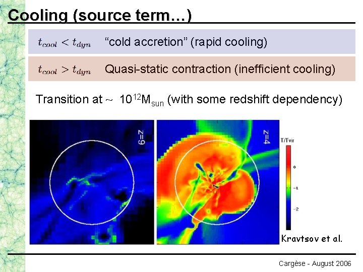 Cooling (source term…) “cold accretion” (rapid cooling) Quasi-static contraction (inefficient cooling) Transition at ~