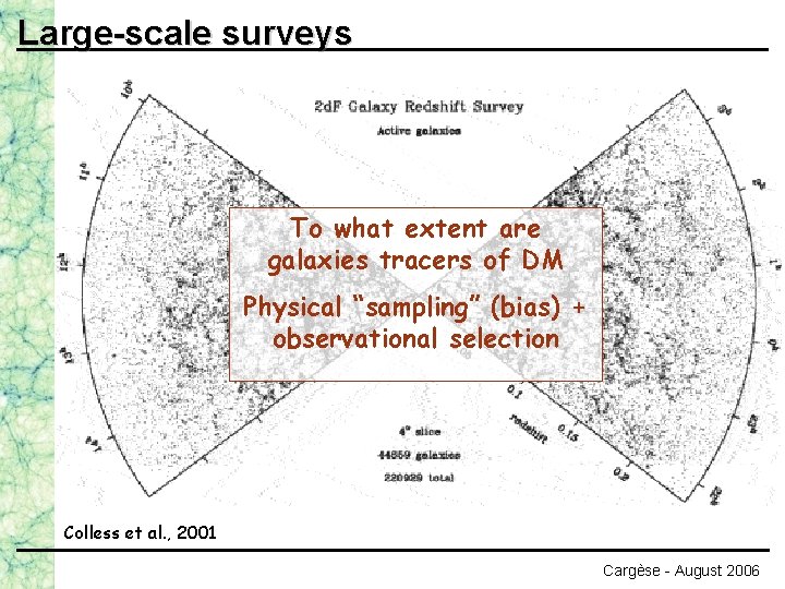 Large-scale surveys To what extent are galaxies tracers of DM Physical “sampling” (bias) +