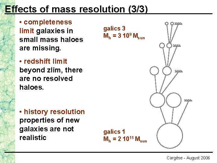 Effects of mass resolution (3/3) • completeness limit galaxies in small mass haloes are