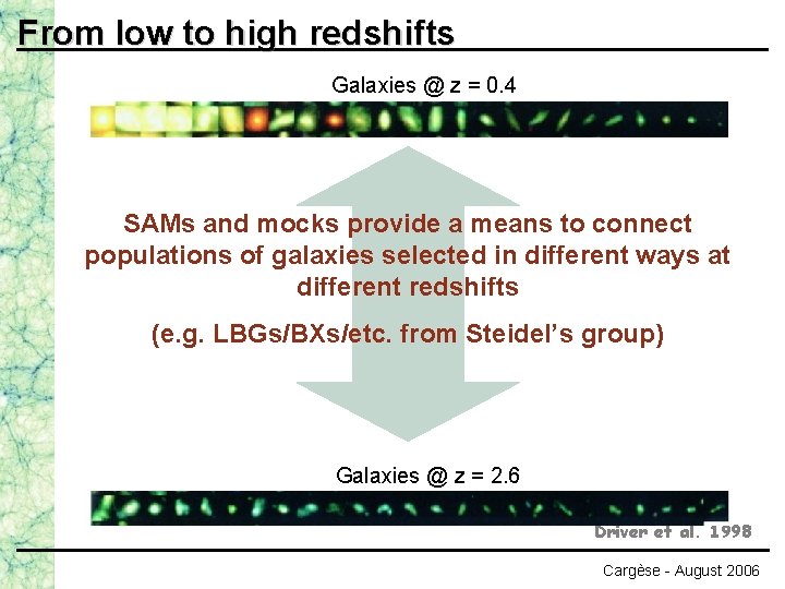 From low to high redshifts Galaxies @ z = 0. 4 SAMs and mocks