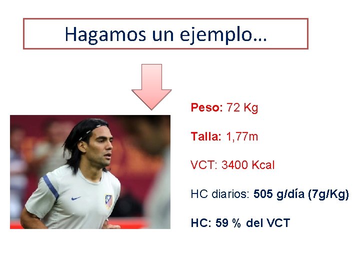 Hagamos un ejemplo… Peso: 72 Kg Talla: 1, 77 m VCT: 3400 Kcal HC