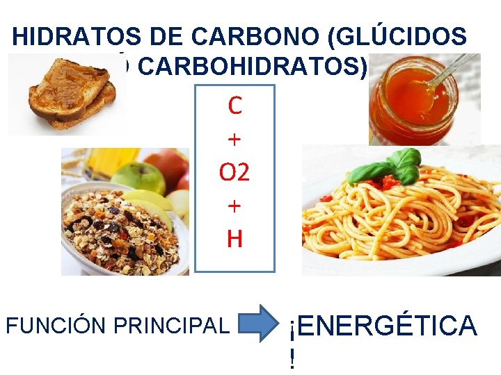 HIDRATOS DE CARBONO (GLÚCIDOS Ó CARBOHIDRATOS) C + O 2 + H FUNCIÓN PRINCIPAL