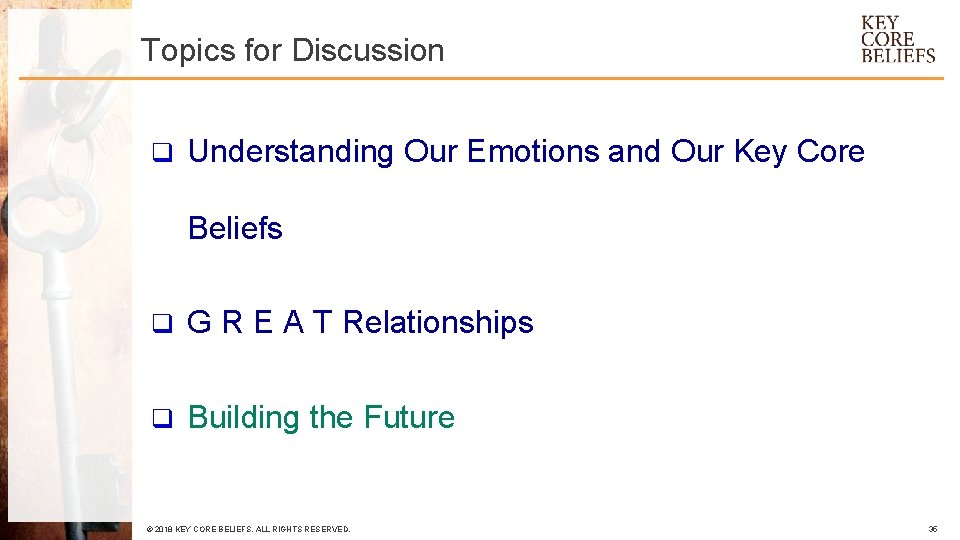 Topics for Discussion q Understanding Our Emotions and Our Key Core Beliefs q G