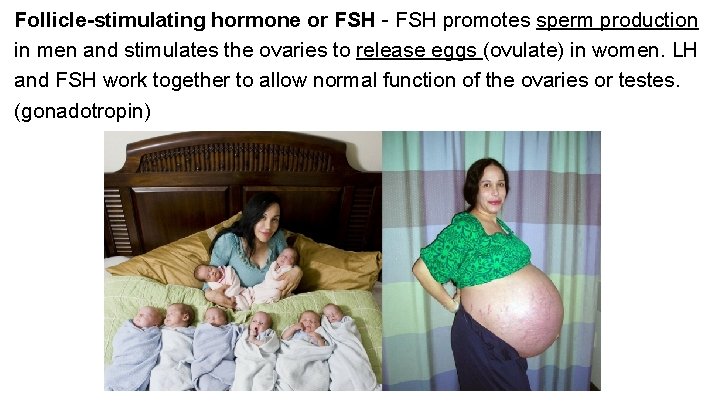 Follicle-stimulating hormone or FSH - FSH promotes sperm production in men and stimulates the