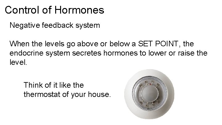 Control of Hormones Negative feedback system When the levels go above or below a