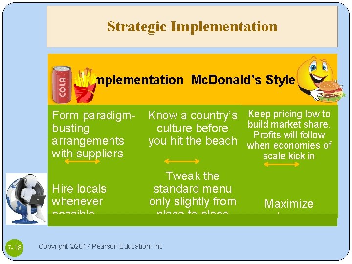 Strategic Implementation Mc. Donald’s Style Form paradigmbusting arrangements with suppliers Hire locals whenever possible