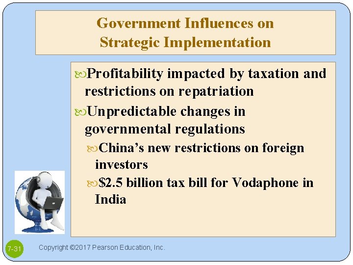Government Influences on Strategic Implementation Profitability impacted by taxation and restrictions on repatriation Unpredictable