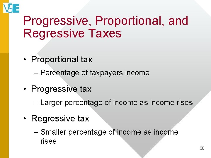 Progressive, Proportional, and Regressive Taxes • Proportional tax – Percentage of taxpayers income •