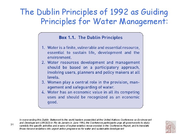 The Dublin Principles of 1992 as Guiding Principles for Water Management: 31 In commending