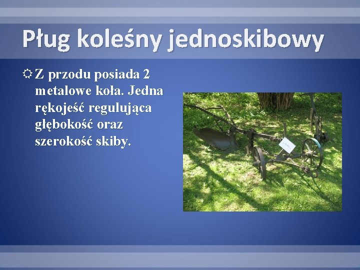 Pług koleśny jednoskibowy Z przodu posiada 2 metalowe koła. Jedna rękojeść regulująca głębokość oraz