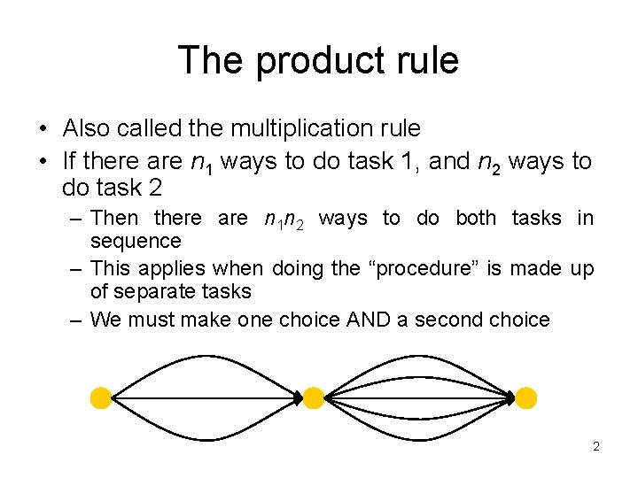 The product rule • Also called the multiplication rule • If there are n