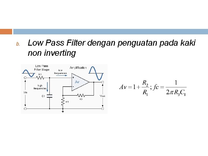 b. Low Pass Filter dengan penguatan pada kaki non inverting 