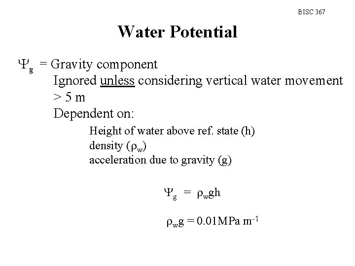 BISC 367 Water Potential Yg = Gravity component Ignored unless considering vertical water movement