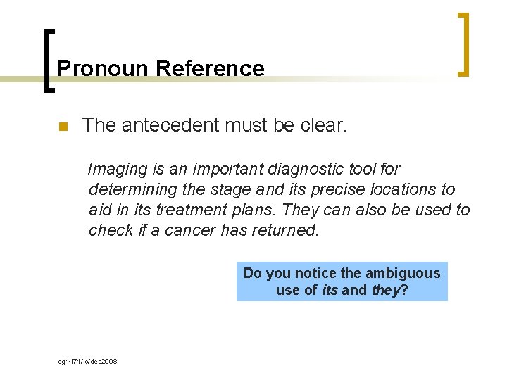Pronoun Reference n The antecedent must be clear. Imaging is an important diagnostic tool