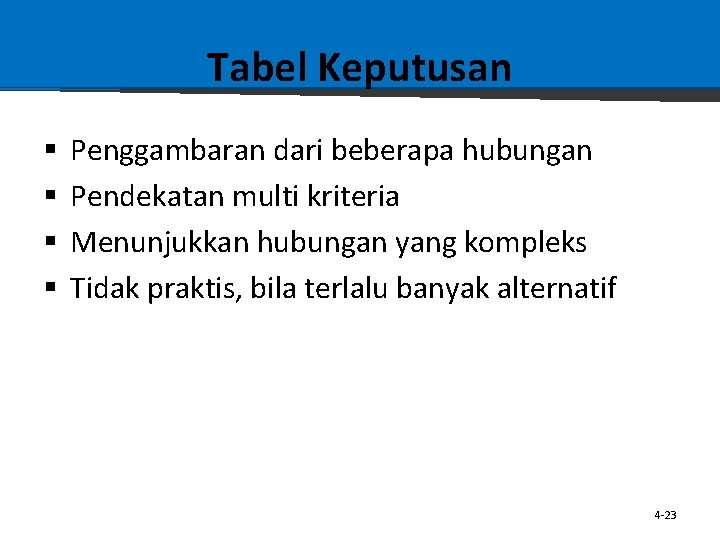 Tabel Keputusan § § Penggambaran dari beberapa hubungan Pendekatan multi kriteria Menunjukkan hubungan yang