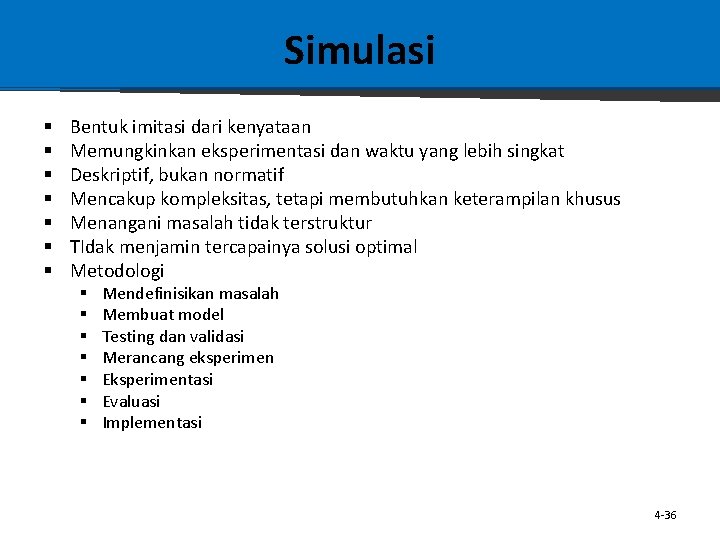 Simulasi § § § § Bentuk imitasi dari kenyataan Memungkinkan eksperimentasi dan waktu yang