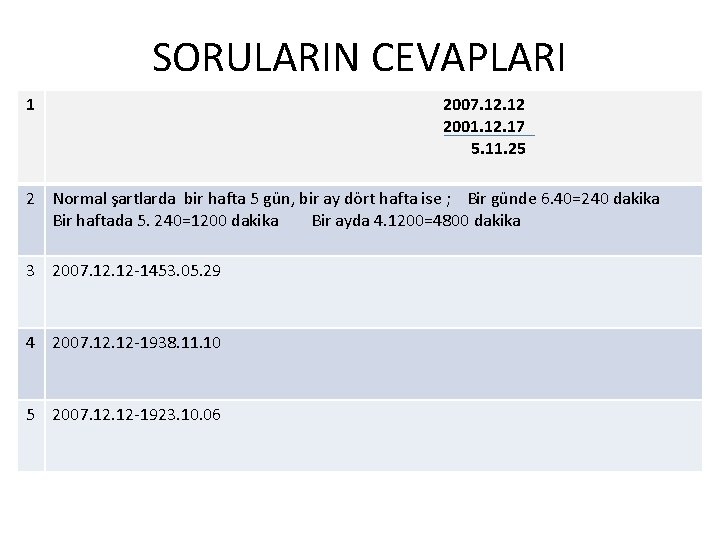 SORULARIN CEVAPLARI 1 2007. 12 2001. 12. 17 5. 11. 25 2 Normal şartlarda