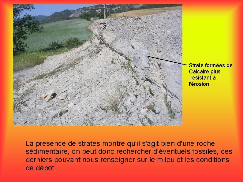 Strate formées de Calcaire plus résistant à l'érosion La présence de strates montre qu'il