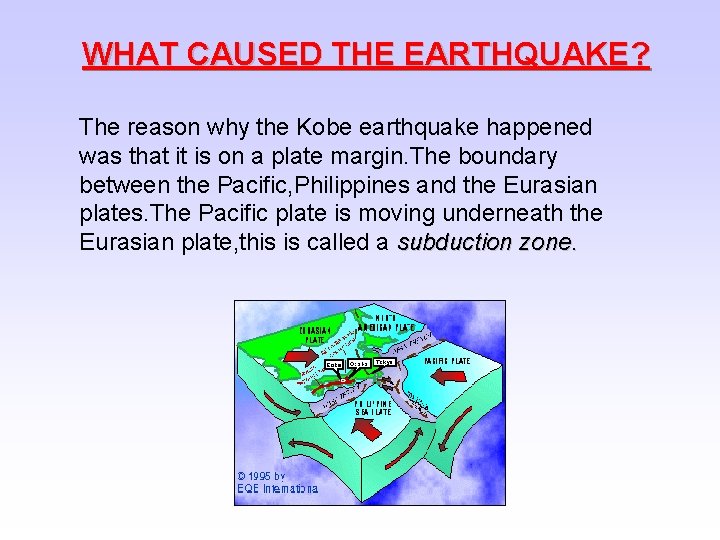 WHAT CAUSED THE EARTHQUAKE? The reason why the Kobe earthquake happened was that it