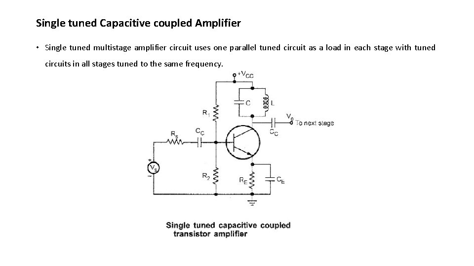 Single tuned Capacitive coupled Amplifier • Single tuned multistage amplifier circuit uses one parallel