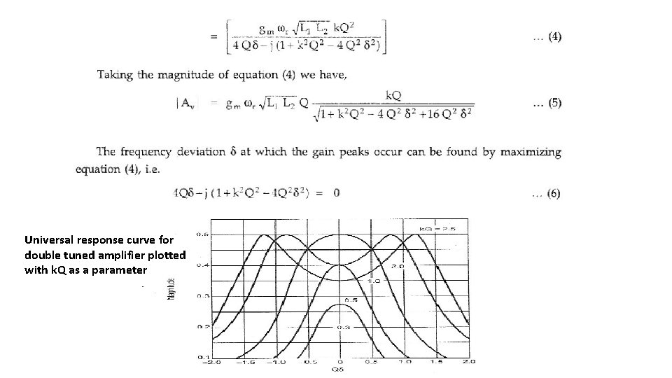 Universal response curve for double tuned amplifier plotted with k. Q as a parameter