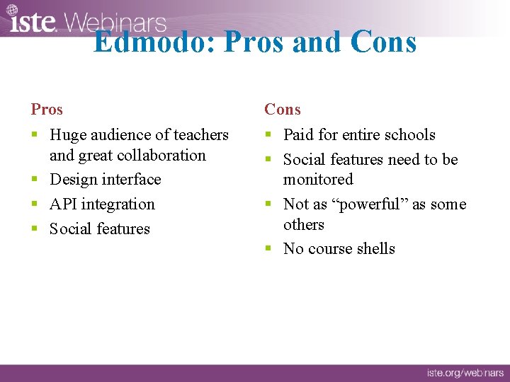 Edmodo: Pros and Cons Pros Cons § Huge audience of teachers and great collaboration