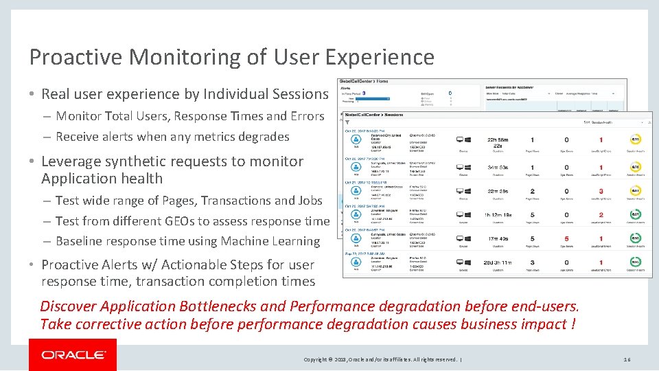 Proactive Monitoring of User Experience • Real user experience by Individual Sessions – Monitor