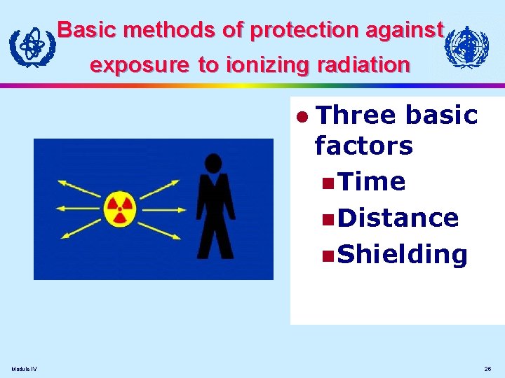 Basic methods of protection against exposure to ionizing radiation l Three basic factors n Basic methods of protection against exposure to ionizing radiation l Three basic factors n