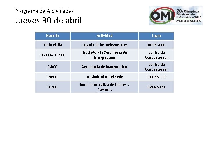 Programa de Actividades Jueves 30 de abril Horario Actividad Lugar Todo el día Llegada