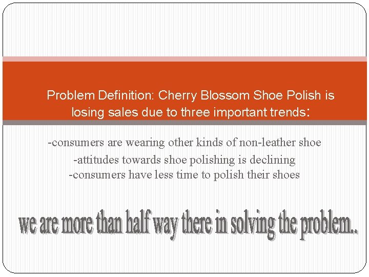 Problem Definition: Cherry Blossom Shoe Polish is losing sales due to three important trends: