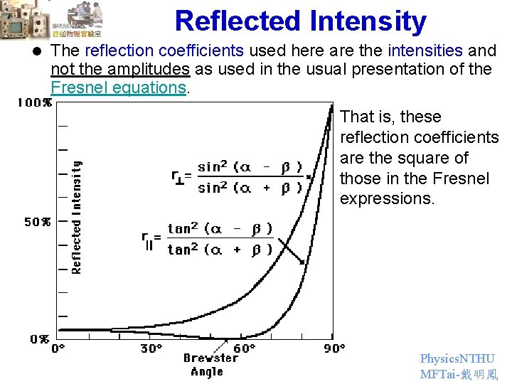 Reflected Intensity l The reflection coefficients used here are the intensities and not the