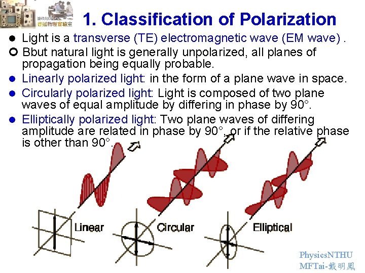1. Classification of Polarization Light is a transverse (TE) electromagnetic wave (EM wave). Bbut