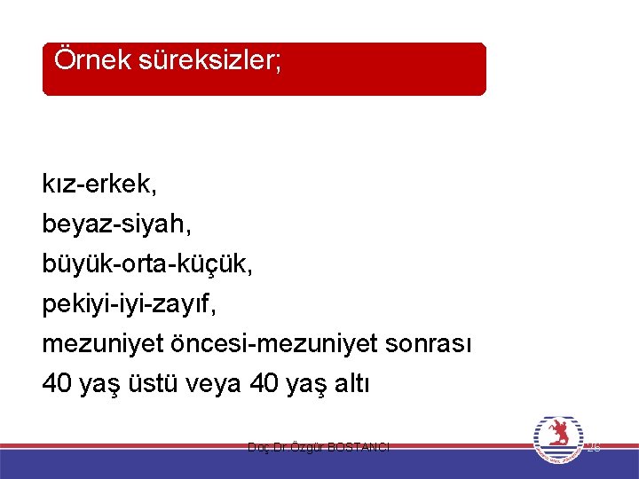 Örnek süreksizler; kız-erkek, beyaz-siyah, büyük-orta-küçük, pekiyi-zayıf, mezuniyet öncesi-mezuniyet sonrası 40 yaş üstü veya 40
