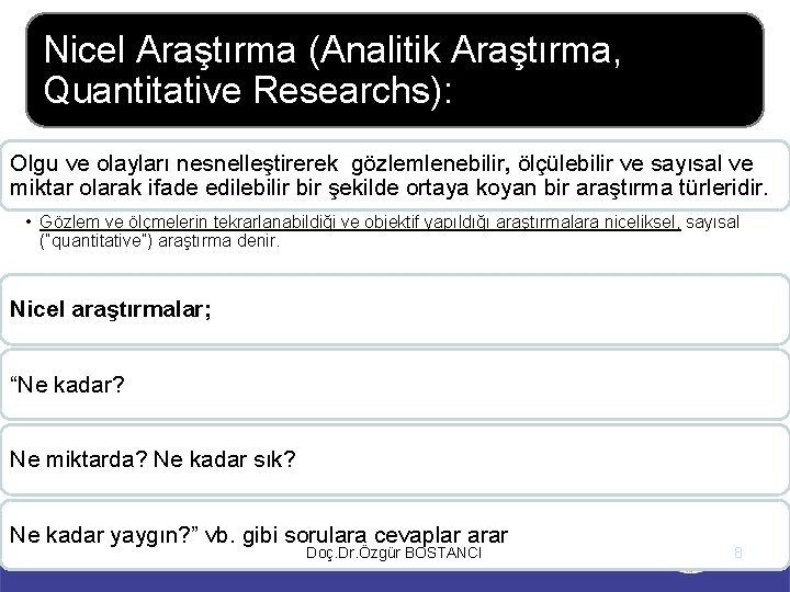 Nicel Araştırma (Analitik Araştırma, Quantitative Researchs): Olgu ve olayları nesnelleştirerek gözlemlenebilir, ölçülebilir ve sayısal
