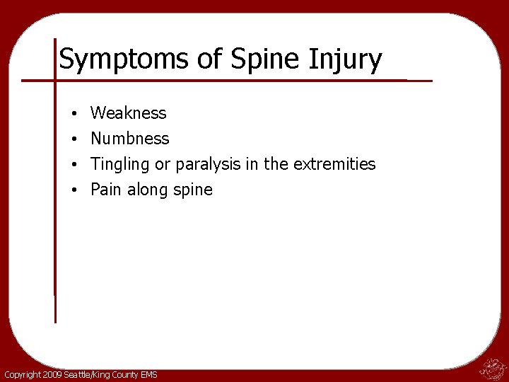 Symptoms of Spine Injury • • Weakness Numbness Tingling or paralysis in the extremities