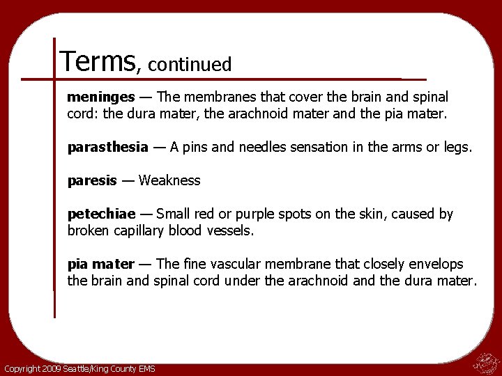 Terms, continued meninges — The membranes that cover the brain and spinal cord: the