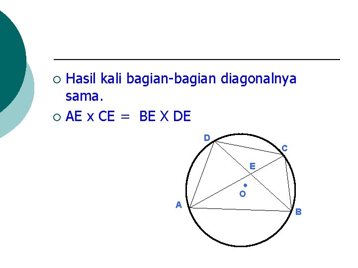 Hasil kali bagian-bagian diagonalnya sama. ¡ AE x CE = BE X DE ¡