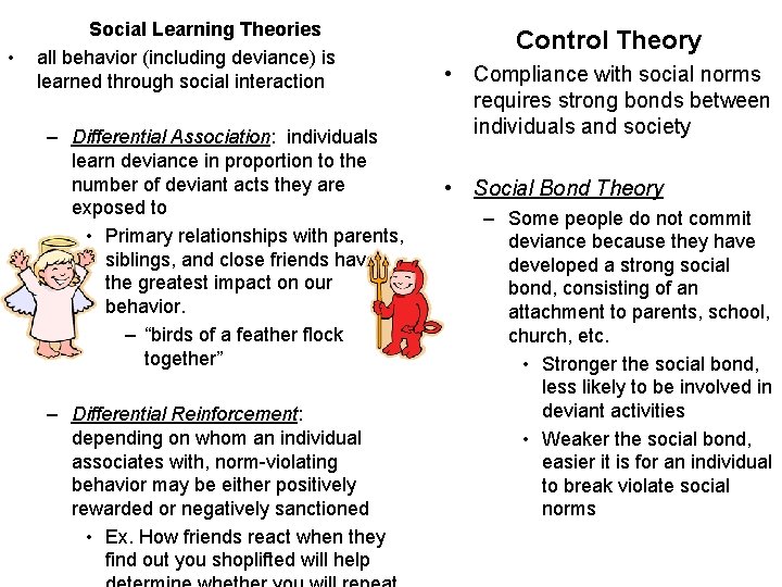  • Social Learning Theories all behavior (including deviance) is learned through social interaction