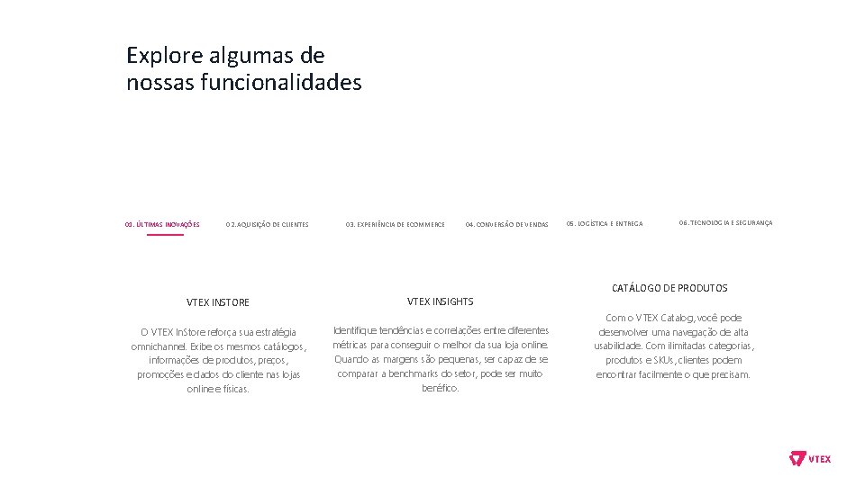 Explore algumas de nossas funcionalidades 01. ÚLTIMAS INOVAÇÕES 02. AQUISIÇÃO DE CLIENTES 03. EXPERIÊNCIA