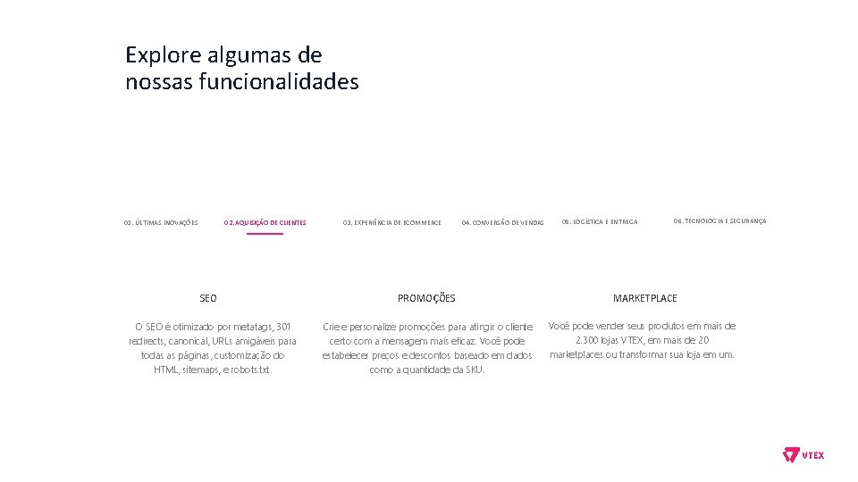 Explore algumas de nossas funcionalidades 01. ÚLTIMAS INOVAÇÕES 02. AQUISIÇÃO DE CLIENTES SEO O