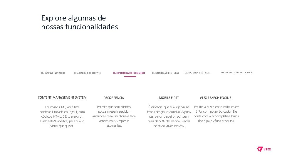 Explore algumas de nossas funcionalidades 01. ÚLTIMAS INOVAÇÕES 02. AQUISIÇÃO DE CLIENTES 03. EXPERIÊNCIA